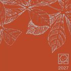 Text: "2027". Weiße Blätterzeichnung auf rostrotem Hintergrund mit einem kleinen Baum-Logo.