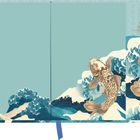 Es gibt keine Texte. Eine Illustration von Wellen und springenden Karpfen in Blau- und Brauntönen.