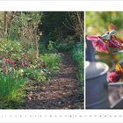 Text: "März 2027", "Landlust". Links: Frühlingsgarten mit bunten Blumen und Bäumen. Rechts: Nahaufnahme von rosa Blüten. 