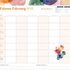 Kalender für Februar 2027, Woche 5. Enthält Wochentage und Listen für Aufgaben und Einkäufe. Bunte Kreise als Deko.