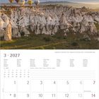 Kalenderblatt: März 2027, Sonntage in Rot. Notizfeld unten. Oben: Heißluftballons über Felsen in Kappadokien, Türkei.