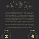 Samstag 2 Januar. Sonntag 3 Januar. Überschrift über einer Illustration von Händen, Sonne, Mond und Sternen. Text über Göttin.