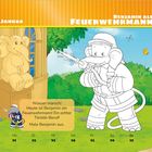 Text: "Januar", "Benjamin als Feuerwehrmann", "Wasser marsch! Heute ist Benjamin ein Feuerwehrmann! Ein echter Törööö-Beruf! Male Benjamin aus."
Ein Elefant in Feuerwehruniform mit Schlauch und Wasserstrahl. Farbige Bäume, Schmetterlinge.