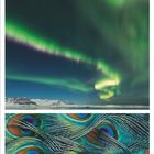 2021, März unter einem abstrakten Bild, Nordlichter und Pfauenfedern. Kalendertage unten, blau für Wochenenden.