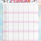 Text: "Februar" in großen Buchstaben. Davor Skifahrer-Tiere: Waschbär, Fuchs, Vogel. Kalenderwochen eingetragen.