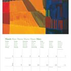 Kalender für März mit Wochentagen in verschiedenen Sprachen. Buntes Landschaftsgemälde oben.