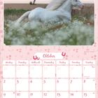 Oktober-Kalender mit einem weißen Pferd auf einer Wiese vor einem rosa Himmel.