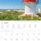 Kalenderseite für März 2027. Oben ein Bild eines roten Leuchtturms vor blauem Himmel.