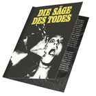 Text: "DIE SÄGE DES TODES". Schwarzweißbild einer erschrockenen Person neben einer Säge.