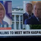 "WHITE HOUSE UPDATE: PRESIDENT COLLINS TO MEET WITH KASPAROV." Zwei Personen in Anzügen vor dem Weißen Haus.