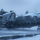 "USSF" und "62269" auf eisbedecktem Raumschiff in verschneiter Landschaft. Sci-Fi-Illustration.