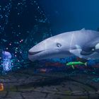 Unterwasser-Illustration mit einem Wal, Orca, Delfin und Quallen, umgeben von farbigem Seetang und Korallen.