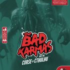 Text: „The Bad Karmas and the Curse of Cthulhu“. Illustration: Dunkle, bedrohliche Kreatur mit Tentakeln und Flügel.