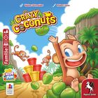 "Crazy Coconuts" von Walter Schneider und Robert Islas. Fröhliche Affen werfen Kokosnüsse in bunte Körbe. Pegasus Spiele Logo.