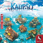 KALYPSO in großen Buchstaben. Bunte schwimmende Häuser im Meer. Pegasus-Spiele-Logo mit einem springenden Pferd.