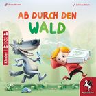 „AB DURCH DEN WALD“ in fröhlichen Farben. Ein lachender Wolf und ein Kind mit Pizza-Schachtel rennen. Pegasus Spiele Logo.