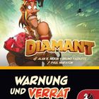 Text: "Diamant", "Warnung und Verrat Erweiterung". Illustration: Abenteurer mit Juwelen, Dschungelhintergrund, Spinne oben.