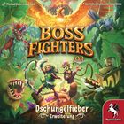 "BOSS FIGHTERS Q.R", "Dschungelfieber Erweiterung". Eine bunte, fantasievolle Illustration mit Figuren und Pflanzen. Logo: Pegasus Spiele.