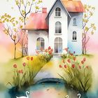 „HAUS“ unten, Zahl 4 neben einem Blumenlogo. Aquarell eines Hauses mit roten Tulpen und zwei Schwänen am Teich.