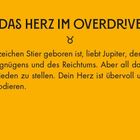 "Das Herz im Overdrive" steht oben, darunter das Stier-Symbol. Text beschreibt Stier-Geborene als voll Liebe. Hintergrund gelb.