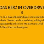 "DAS HERZ IM OVERDRIVE. Du, lieber Löwe, bist das unbeständigste und extremste Sternzeichen im ganzen Tierkreis." 
Gelber Hintergrund.