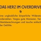 "Das Herz im Overdrive" Text über Liebe; darunter ein Symbol. Orangener Hintergrund, abgerundete Ecken.
