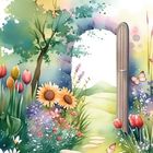 Text: "GARDEN". Illustration von Blumen, Torbogen, Schmetterlingen und Bäumen in leuchtenden Aquarellfarben.