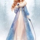 Text: "11" in einer Schneeflocke, "WHIP" unten. Illustration einer Frau in blauem Mantel mit Pelzbesatz in Winterlandschaft.