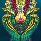 "BADGER Self-Worth" steht unten. Eine bunte, detaillierte Illustration eines Dachses, dekoriert mit floralen und geschwungenen Mustern.