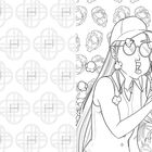 Links wiederholtes geometrisches Muster. Rechts Comic-Stil: Zwei fröhliche Personen mit Popcorn.