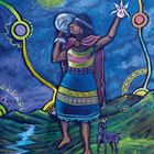 Text: "0 DER NARR". Eine farbenfrohe Illustration zeigt eine Person auf einem Hügel mit Hund, umgeben von kosmischen Mustern.