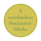 "5 verschiedene Notizzettelblöcke". Gelber Kreis mit gepunktetem Rand.