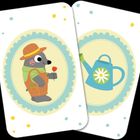 Illustration von zwei Karten. Eine zeigt einen Maulwurf mit Blume, die andere eine Gießkanne mit Blume.