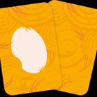 Zwei orangefarbene Karten mit spiralförmigen Mustern und einem ovalen weißen Bereich auf einer Karte.