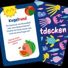 Karten mit Texten: "Kugelrund" und "Entdecken". Motive: Sonne, Ball, Tiere wie Krabbe, Schildkröte, Fisch. Farbenfroh.
