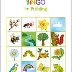 Text: "BINGO im Frühling". Eine Illustration mit 16 Frühlingsmotiven wie Ameise, Blume, Wolke, Regenbogen.