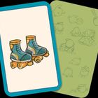 Illustration: Zwei bunte Rollschuhe auf einer Karte mit blauem Rand, daneben grüne Karte mit Vogelzeichnungen.