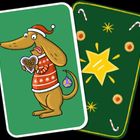 Ein Dackel mit Nikolausmütze hält ein Lebkuchenherz, trägt einen Weihnachtspullover, baumelt eine Kugel am Schwanz.