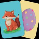 Illustration: Ein freundlicher Fuchs auf grünem Gras, daneben eine gelbe Karte mit lila Ei und bunten Punkten.