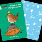 Text: „4 Singen in den Morgenstunden, ZAUNKÖNIG.“ Eine Illustration mit einem Vogel mit Krone auf einem Felsen und Blatt.