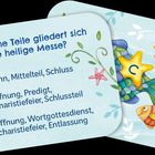 Frage: In welche Teile gliedert sich die heilige Messe? A) Beginn, Mittelteil, Schluss B) Eröffnung, Predigt, Eucharistiefeier, Schlussteil C) Eröffnung, Wortgottesdienst, Eucharistiefeier, Entlassung. Darunter bunte maritime Illustration mit Fisch.