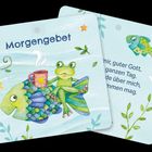 "Morgengebet" zeigt einen Frosch auf einem bunten Fisch mit einer Tasse. Pflanzen und ein kleiner Fisch sind umgeben.