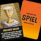 Links: "HEILIGER KELCH" mit goldenem Kelch auf Stein. Rechts: "HASSE NICHT DAS SPIEL, HASSE DIE SPIELER" auf orangefarbenem Hintergrund.