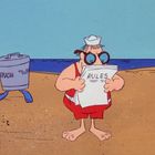 Ein Mann im Badeanzug liest "RULES", daneben ein Mülleimer mit "TRASH". Im Hintergrund Strand und Meer. Illustration.