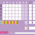 Ein Spielplan mit Zahlen oben: 5, 2, 7, 8, 3, 10, 4, 0. Links Würfelseiten, unten farbige Balken. Text: "TRICUBO", "Joker".