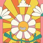 JA. GO FOR IT. Eine bunte Blume mit Gesicht vor einem Sonnenstrahlen-Hintergrund, Wolken und großen Blüten.