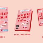 "Ich hab noch nie... für Paare" - Spiel mit Anleitung und 64 Karten. Enthält verspielte Symbole auf rotem Hintergrund.