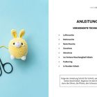 Anleitung für Häkeln: Luftmasche, Kettmasche, feste Masche, Zunahme, Abnahme. Gelbes Amigurumi-Häschen mit Schere und Faden.