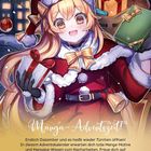 "Manga-Adventszeit! Endlich Dezember und es heißt wieder Türchen öffnen!... Viel Spaß und frohe Weihnachten!" Illustration: Fröhliches Mädchen in Weihnachtskleidung mit Geschenken.