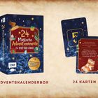 "24 Magische Adventsmomente für Potter-Fans", Box mit blauer, weihnachtlicher Illustration und zwei Karten.